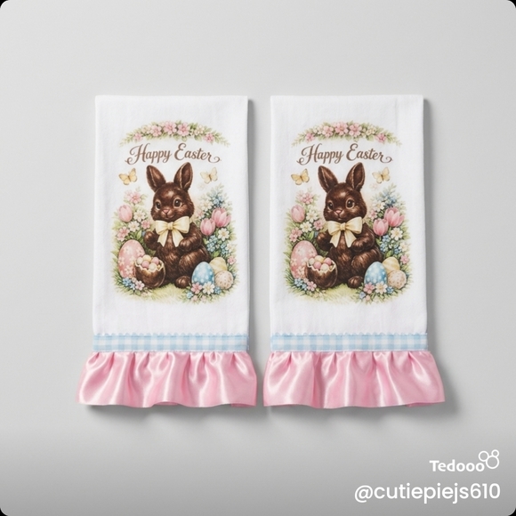 Handmade Other - Easter Bunny Kitchen Towels with Pink Ruffle - Happy Easter Set